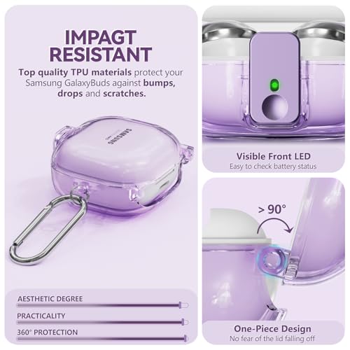 Inesore for Samsung Galaxy Buds FE Case/Galaxy Buds 2/Pro/Galaxy Buds Live,with Safety Lock Housing,Accessories with Keychain/Silicone Wrist Strap - Purple