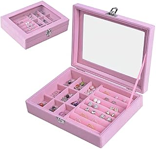 Jewellery Box Organiser 9 Grids Jewelry Storage Case, Velvet Lockable Jewellery Organiser, Removal Tray, Ring Storage Slot, Ring Jewellery Display Storage Box Tray for Rings Earrings Necklace - Pink
