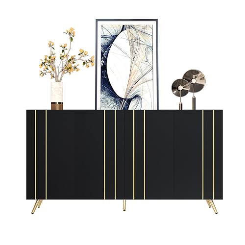 Aparador de 160 cm, color negro, armario auxiliar, armario alto tipo buffet, armario de cocina con 4 puertas, estantes ajustables, diseño de rayas doradas y patas de metal, para salón y comedor