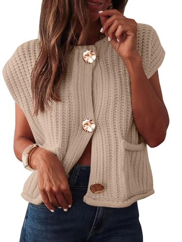 ANRABESS Women Chunky Knit Sweater Vest Button Down Casual Sleeveless Cardigan with Pockets Spring Trendy Outfits 2025