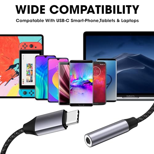 Image of Nylon Braided Black Type C to 3.5 mm Audio Jack Connector with DAC Headphone Converter Adapter Compatible with iPhone 15 Pro Max /15 Pro /15 Plus, Galaxy S23 /S22 /S21 /S208 & Other Type C Phones