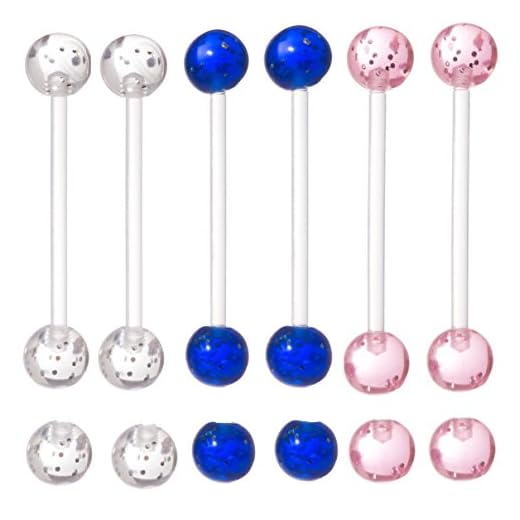 Set of 6 - Glitter Pregnancy Maternity Flexible Belly Button Ring Threaded Retainer - Nickel / Allergy Free - 14G - Clear, Pink, and Blue