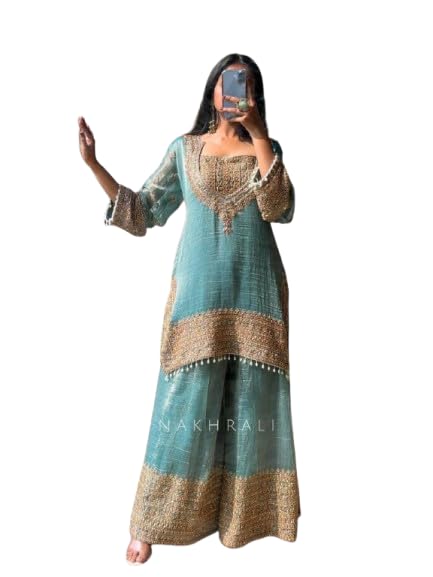 Image of PERFECT CHOICE WOMEN'S Heavy Natural Crep Silk Stitched Ethnic Salwar Kameez - Long Kurti with Embroidered Sleeves, Party & Festival Wear (SF251-ve115 Black1 XXL)