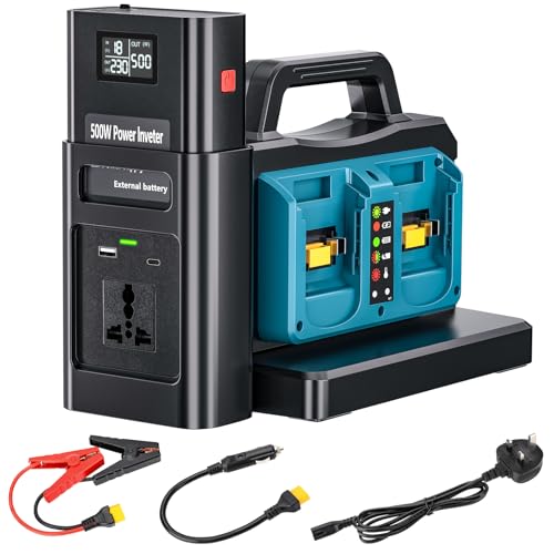 2-in-1 Portable Inverter Charger, 500W Pure Sine Wave Inverter & 4-Ports Charger Simultaneous Charging for Makita 18V Battery, DC 18V to AC Outlet 230V Power Converter for RV Camp Off-Grid