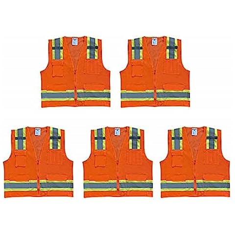 Safety Main Premium High Visibility Surveyor Vest Solid Front Mesh Back, 5 Pack, Medium, Orange Cover