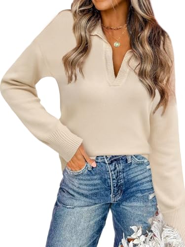CiCiBird Women Cute Long Sleeve Sweater Striped Polo V Neck