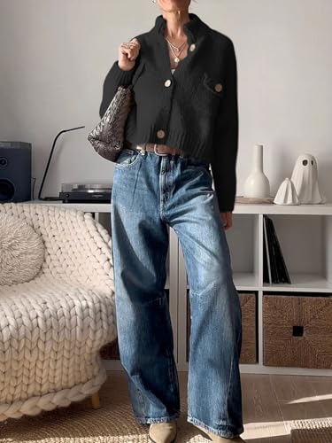 Image of Saodimallsu Womens Cropped Cardigan Sweaters Button Up Chunky Knit Long Sleeve Collared Open Front Loose Jackets