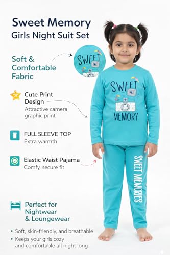 Image of NammaBaby Girl's Soft Cotton Night Suit (Printed T-Shirt & Pant Set /Girls Night Dress /Nightwear) Pack of 1