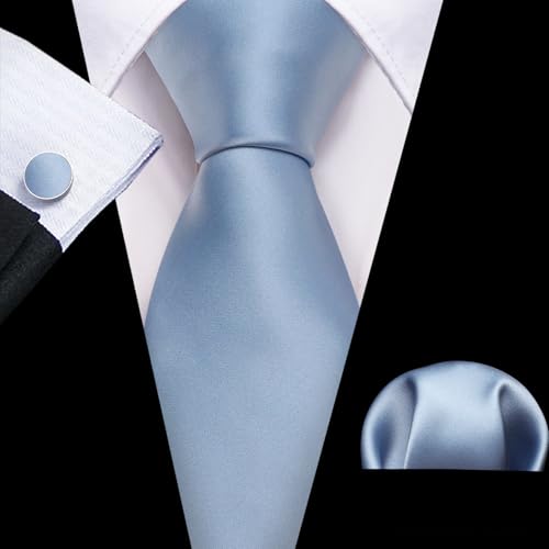 Image of Barry.Wang Plain Men Silk Ties Extra Long Satin Necktie for Wedding Business Handkerchief Cufflinks Set Solid Colors