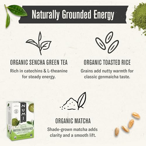 Numi Organic Tea Matcha Toasted Rice Sencha, 18 Bags, Organic Green Tea in Non-GMO Biodegradable Tea Bags, Premium Bagged Organic Green Tea, Organic Sencha with Toasted Rice (Packaging May Vary)