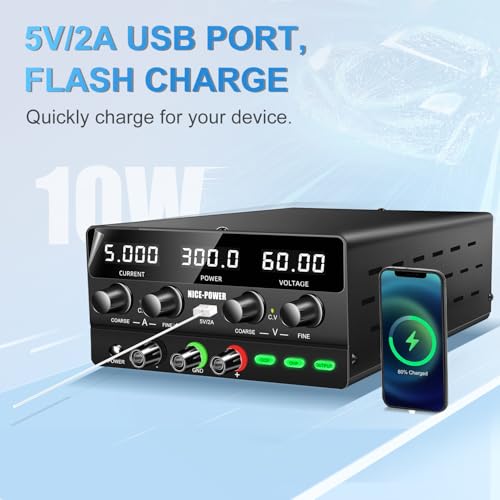 Image of NICE-POWER DC Power Supply Variable 60V 5A, 300W Encoder Adjustable Switching Regulated High Precision 4-Digits LED Display 5V /2A USB Port Bench Lab Power Supplies with OCP OVP Output Button