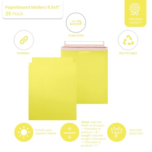 Paperboard Mailers 9.5x11" - Yellow Document Mailers - 25 Pack - Document Envelopes - Paper Mailing Envelopes - Cardboard Envelope Mailers - Cardboard Envelopes - Cardboard Mailers