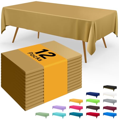 Image of Smiry Disposable Table Cloth - 12 Pack, 54 x 108 Inch Waterproof Rectangle Tablecloths for Parties, Decorative Plastic Table Cover, Leakproof & Sturdy, Gold