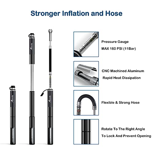 Mini Bike Pump With Gauge, 160Psi High Pressure Portable Bicycle Air Hand Pump Bicycle Travel Tire Pump Fits Presta & Schrader Value For Mountain, Road Bikes, Motorcycle And Balls #TOP3