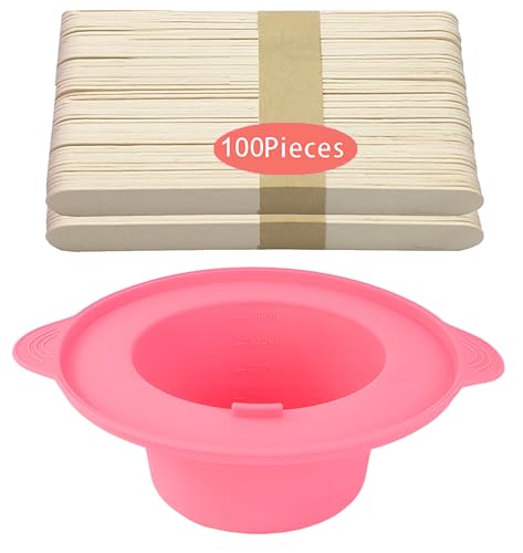 Image of 14 oz Silicone Wax Warmer Liner, Silicone Wax Bowl for Wax Warmer, Non-Stick Wax Melt Warmer Wax Pot Replacement, Reusable Wax Melt Liner with 100 Pcs Waxing Sticks Body Hair Removal Sticks Pink