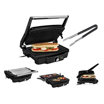 Elektro Kontaktgrill mit Grillzange aus Edelstahl, Low Fat Multigrill Panini Tischgrill, 1500Watt, 28x17cm – Bild 3