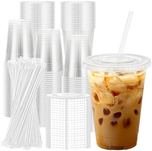Lamosi 100 Pack 16 oz Clear Plastic Cups with Lids and Straws, Disposable Plastic Coffee Cups with Lids for Iced Coffee, Cold Beverages, Smoothies and To-Go Drinks