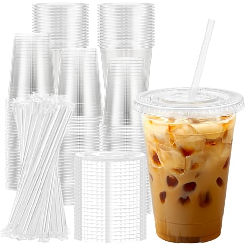 Comparison: Best Iced Coffee Cup With Straw 11 Lamosi 100 Pack 16 oz Clear Plastic Cups with Lids and Straws, Disposable Plastic Coffee Cups with Lids for Iced Coffee, Cold Beverages, Smoothies and To-Go Drinks