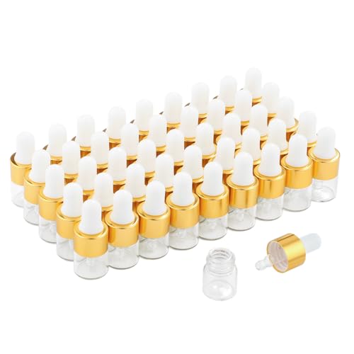 50 mini botellas cuentagotas,botellas vacías de vidrio con tapas doradas,viales de muestra de perfume para aceites esenciales,aceites corporales y líquidos,contenedores de viaje (1ml)