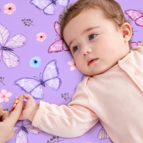 Image of JISEN Baby Fitted Crib Sheets for Boys Girls 52x28 Inch Purple Butterfly