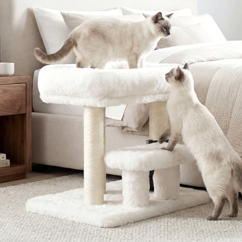 Image of Heybly Cat Scratching Post with Grooming Brush & Gentle Step, HSP001SWH | Small Cat Tree with 5 Full Sisal Posts, Removable Plush Bed, Stable & Space-Saving Cat Furniture for Indoor Cats, White
