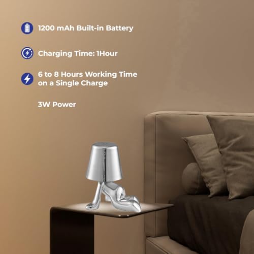 BESTY HOME Table Lamp, 1800mAh Portable Thinker Lamp Statue LED Bedside Restaurant Desk Lamp, USB Rechargeable 3-Level Dimmable, Living Room Office Nightstand Decorative Kids Adults (Jeremy - Chrome)
