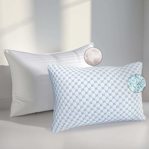 Image of Nestl Cooling Memory Foam Pillow with Down alternative Pillows Combo Set - King Size Set of 2, 1 Soft and 1 Firm, Adjustable for Side, Back or Stomach Sleepers, Breathable Washable Cool Cover, 20 inchx36 inch