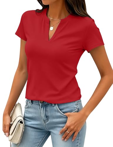 Image of Meetrendi Women's Notch V Neck T-Shirt Slim Fit Premium Cotton Blend Short Top
