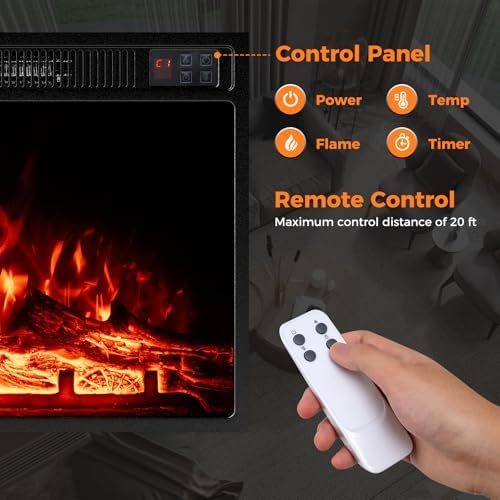 Tangkula 23" Electric Fireplace, 5,000 BTU Fireplace Insert with Remote Control, 3 Flame Colors & Brightness Levels, Recessed Fireplace Heater with 1-8H Timer, Thermostat & Overheat Protection - Thumbnail 5