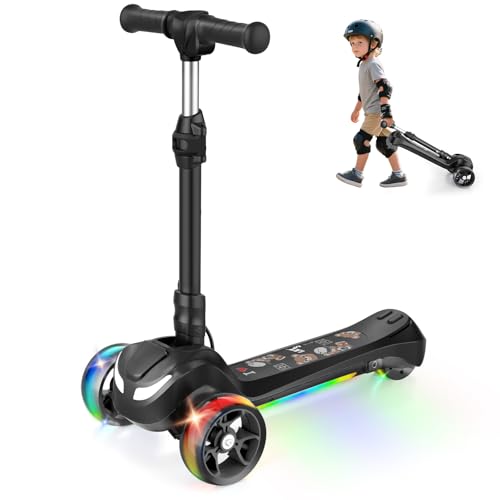 Electric Scooter for Kids Ages 3-8, 3-Wheel Electric Scooter, Electric Kick Scooter with 2 Speed, Long Battery Life, Bluetooth Music, LED Wheels, Gift for Kids (1-Speed, Black)