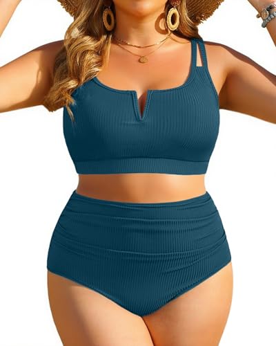 Women Plus Size High Waisted Bikini - Ribbed Two Piece Swimsuit Tummy Control Bathing Suit V-Wired 2025 Swimwear Teal 16W