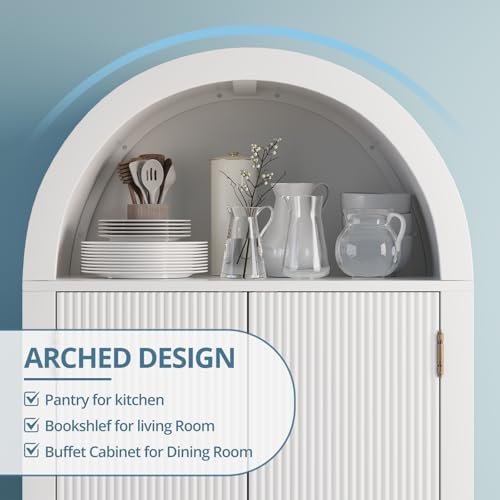 Image of FURSUN 71 inch Tall Fluted Arched Cabinet Set of 2, Wood Pantry Storage Cabinet with 2 Large Drawers, Modern Versatile Bookcase for Living Room, Kitchen, Dining, White