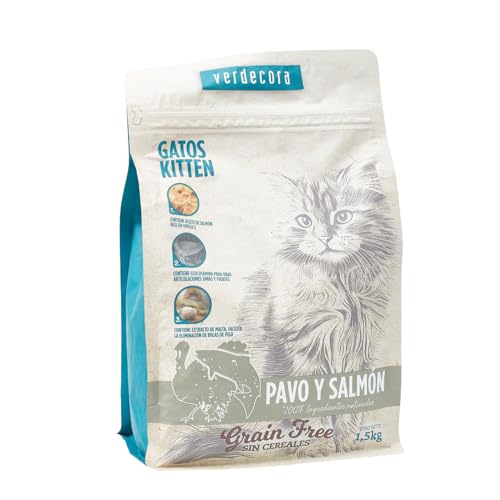 Verdecora Alimento Completo Hipoalergénico para Gatos Kitten con Pavo y Salmon | Sin Cereales | Pienso para Gatos Junior de Todas Las Razas | 1.5kg