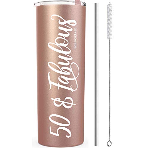 50 & Fabulous 20 Oz Stainless Steel Tumbler, 50th Birthday Gifts For Women, 50th Birthday Decorations for Women, 50th Party Supplies For Women Fifty Photo Shoot Prop Return Gift Her