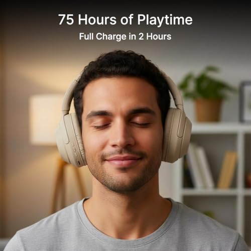 Image of pTron Studio Classic w / 75Hrs Playtime, Wireless Over Ear Headphones w /HD Mic, Dual Device Pairing, TruTalk AI-ENC Calls, Low-Latency Game & Music, Deep Bass, BT5.4 & Type-C Charging (Beige)