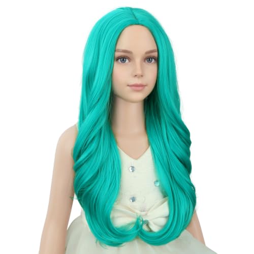 Image of PATTNIUM Blue Green Wig for KIds Girls Long Curly Wigs Middle Part Heat Resistant Synthetic Wigs Halloween Cosplay Costume Party Wig