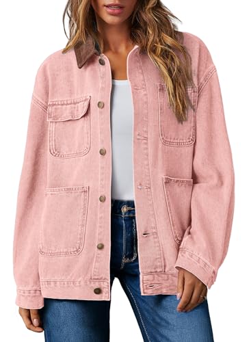 Dokotoo Denim Jackets for Women Jean Jacket Women With Pockets Early Fall Fashion 2025 Casual Long Sleeve Oversized Denim Top Barn Jacket Button Up Coat School Outfits for Teachers S Pink