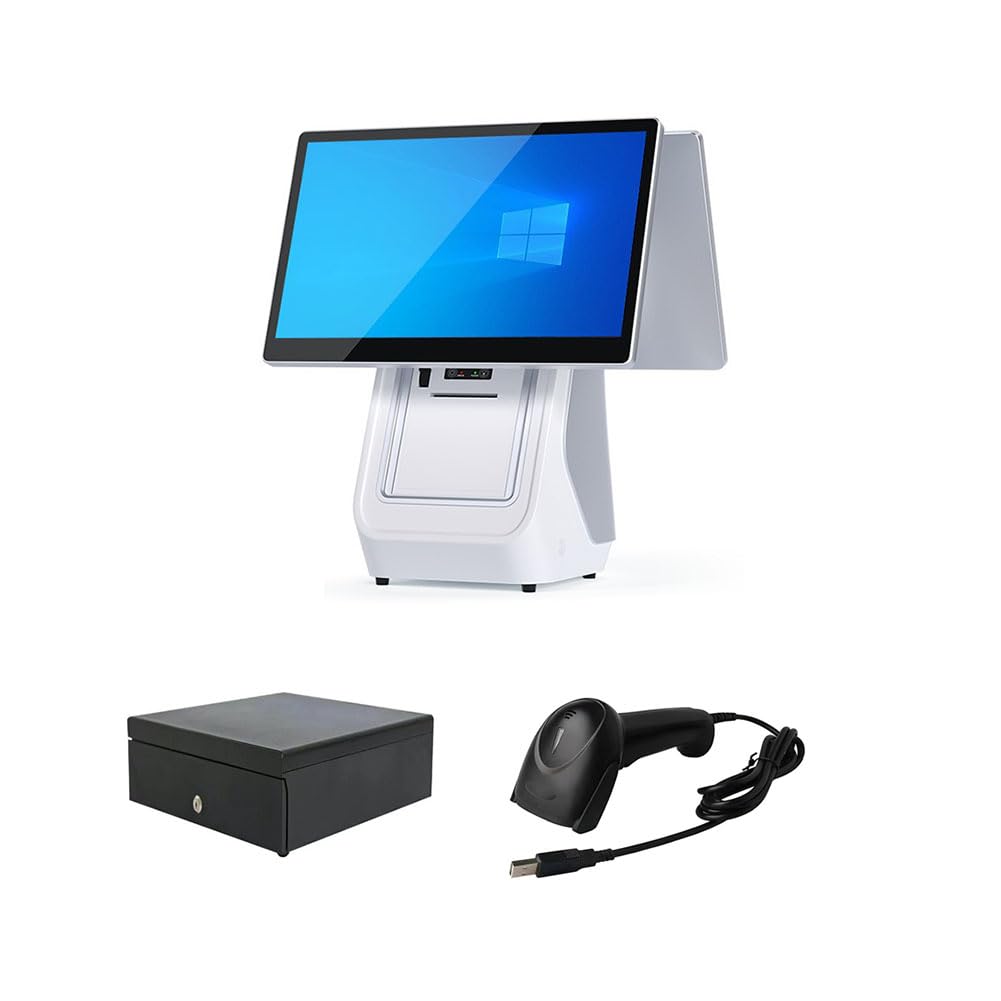 Terminale POS Per Vendita Al Dettaglio E Ristoranti Per Piccole Imprese, Registratore Di Cassa Professionale All-In-One A Doppio Schermo, Touch Screen,Bianca