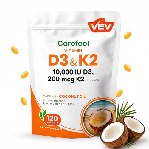Image of VEV Corefeel Vitamin D3 K2 10,000 IU, 200 mcg MK-7, 120 Coconut Oil Softgels, 2-in-1 Vitamins D & K, Easy to Swallow
