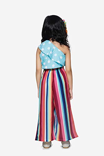 Image of LILPICKS Girls' One Side Shoulder Polka Top with Striped Palazzo Set (Powder Blue & Multicolor)