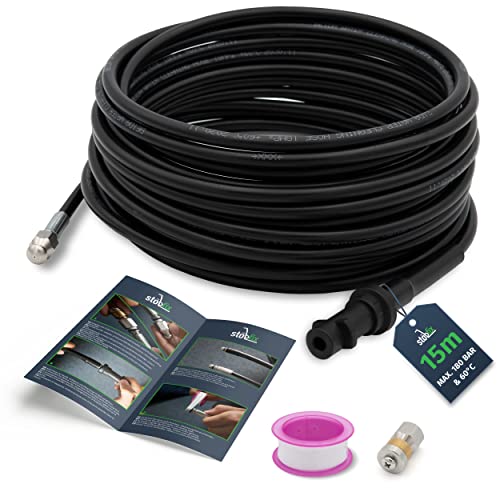 Stöbfix Juego de mangueras de limpieza compatible con la manguera de limpieza de tubos de Kärcher para K2, K3, K4, K5, K6, K7 con boquillas para limpiadoras de alta presión - 180 bar, 60 °C (15 m) Cover