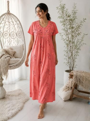 Image of 9shines Label Stylish Cotton Blend Embroidered Maxi Nightdress for Women with Pocket| Full Length Nightwear| Premium Nightdress| Comfortable Nightwear(5256)