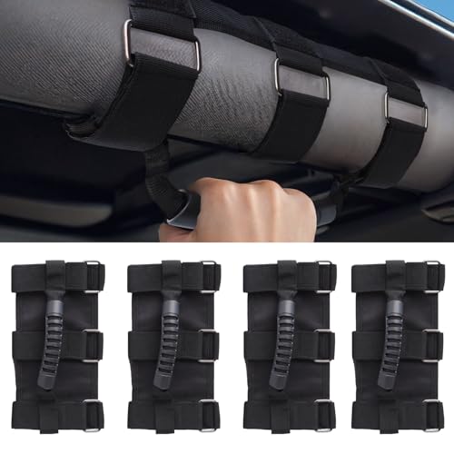 4 Pack Grab Handles for Jeep Wrangler CJ YJ TJ LJ JK JKU JL JLU & Gladiator JT (1955–Present) – Roll Bar Handles with Upgraded Metal Buckles & Reinforced Stitching, Easy Install Front & Rear