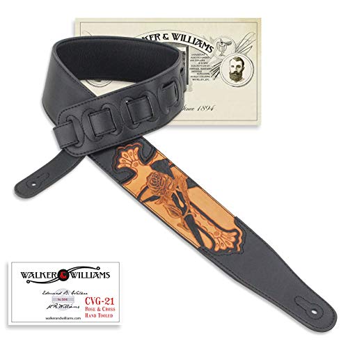 Walker & Williams CVG-21 Black Padded Leather Guitar Strap Hand Tooled Rose & Cross