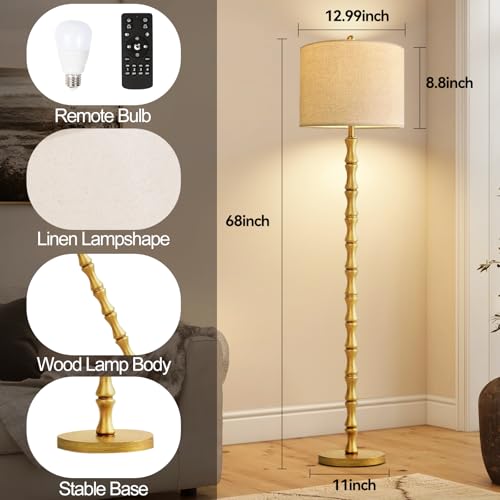 Image of Wood Floor Lamps for Living Room Rustic Floor Lamp with Remote Control & 3 Color Temperature,Dimmable Floor Lamp Gold Mid Century Modern Standing Lamp Tall Farmhouse Floor Lamp For Bedroom Corner
