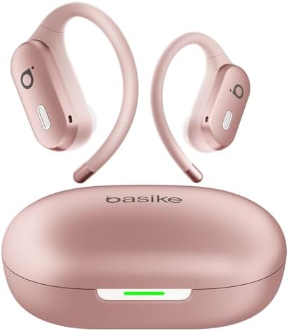 Basike Fone de Ouvido Bluetooth 5.4 TWS Open-Ear Esportivo, Som Hi-Fi Estéreo, ANC & Modo Transparência, ENC, Resistente a Suor e Respingos para Corrida e Exercícios ao Ar Livre – Ouro Rosa