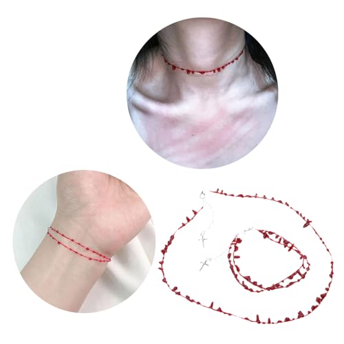 Bracelet ouvert ajustable et collier hip hop rouge qui ne glisse pas - 2