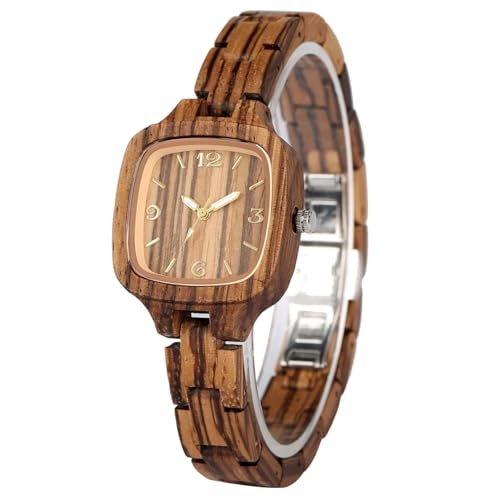 GAGALU Vintage Zebrawood Women's Watch Quartz Analog Square Dial Natural Stylish Lady Wooden Wristwatch Push Button Hidden Clasp