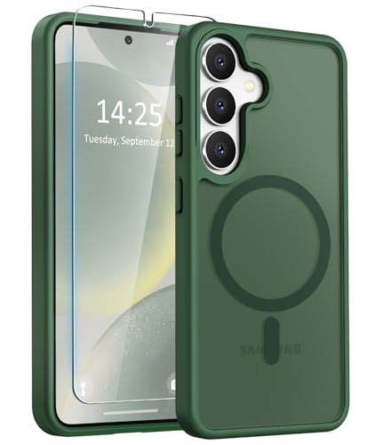 LATVIN Phone Cover for Samsung Galaxy S25 Case | with 1 Screen Protector, Compatible with MagSafe, Magnetic, Military Grade Protection, Translucent Matte Frosted Back, Dark Green