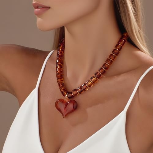 Y2k Large Acrylic Heart Necklaces for Women Chunky Puffy Heart Pendant Necklace Exaggerated Statement Love Beaded Choker Necklace Jewelry- Amber3